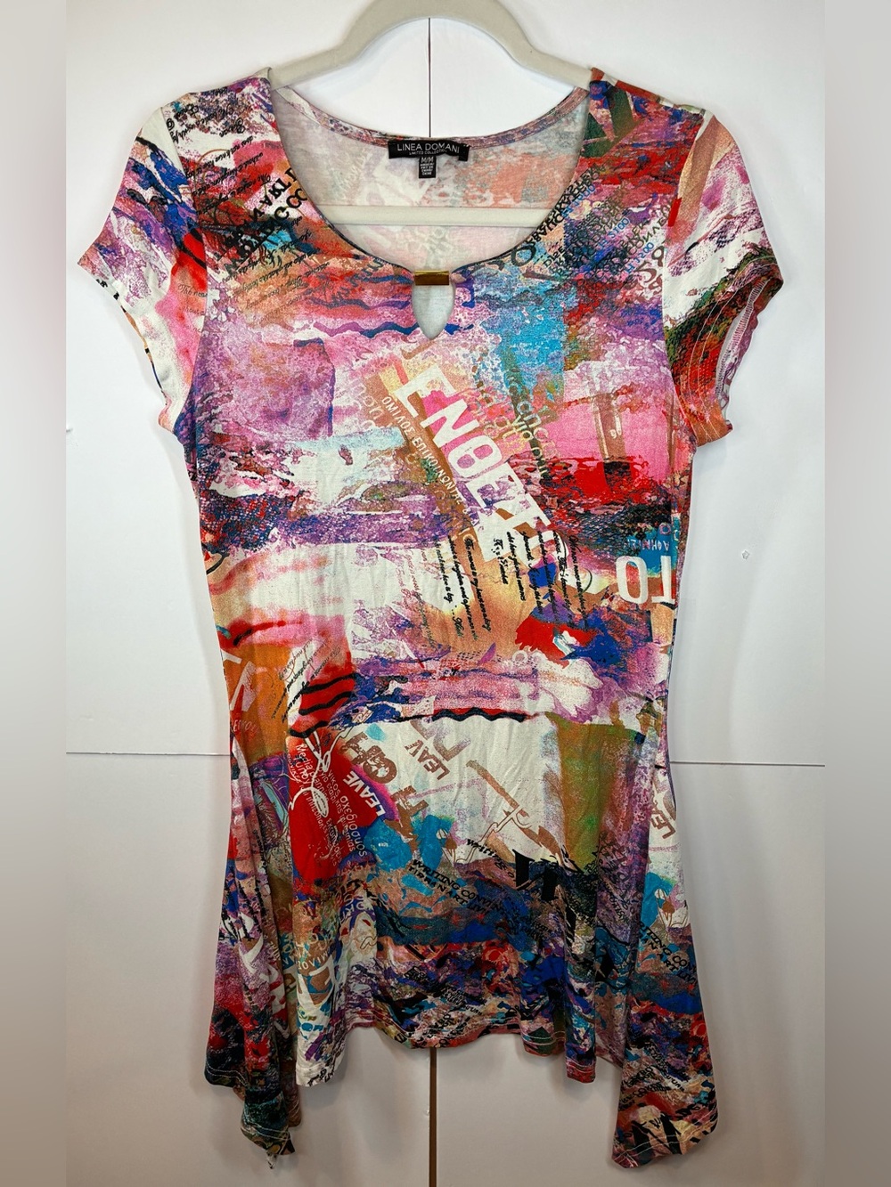 Linea Domani Abstract Print Handkerchief Hem Tunic Top Medium Short Sleeve